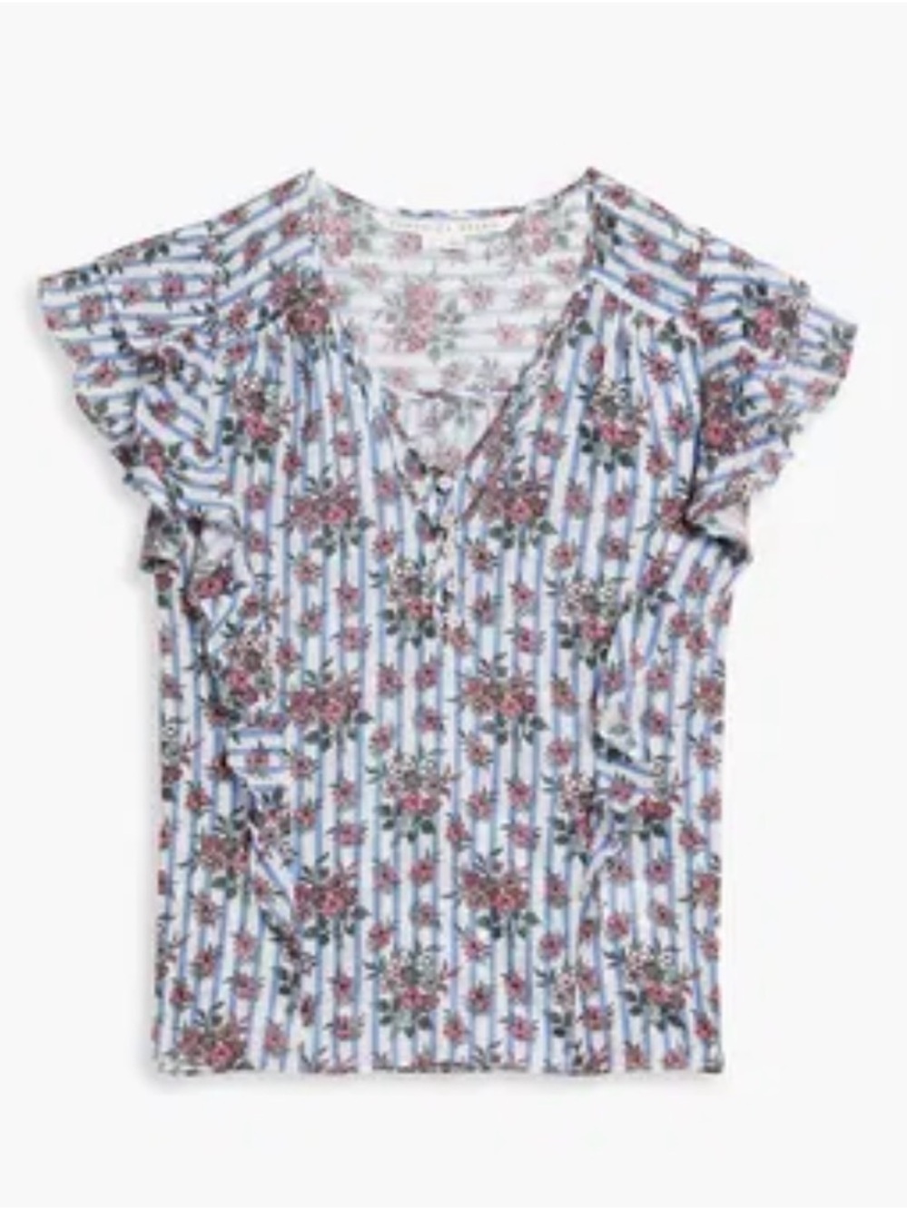 Veronica Beard Joi Blue & White Striped Floral Ruffle Sleeve Blouse, Sz 10